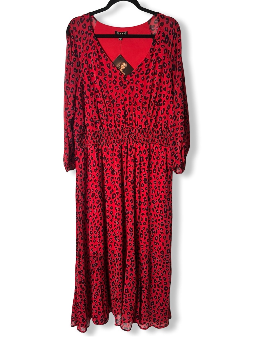 Iman Global Chic Red Leopard Print Smocked Waist Maxi Dress Plus Petite 1XP NWT